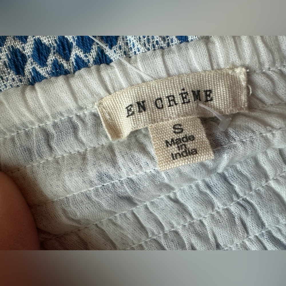 En Crème Blue White Smocked Puff Sleeve Mini Dress Cottagecore Boho Small - Picture 7 of 8